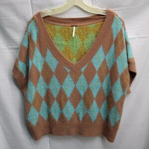 Free People Argyle Sweater Vest V-Neck Pullover Retro Knit Top